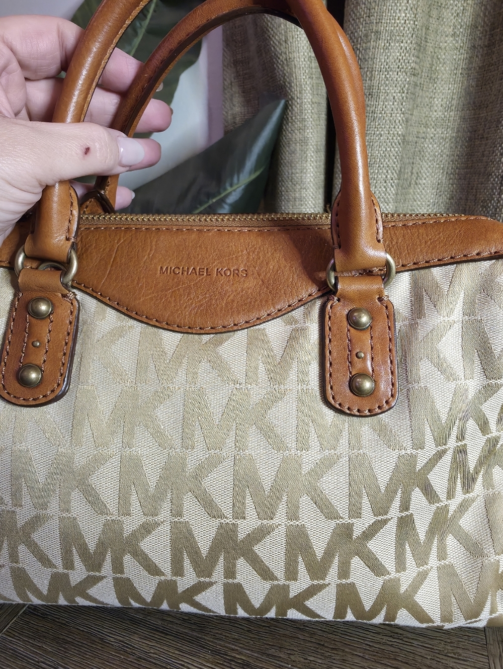 Michael Kors Beige Signature Logo Satchel with Brown Leather Trim - Picture 7 of 13